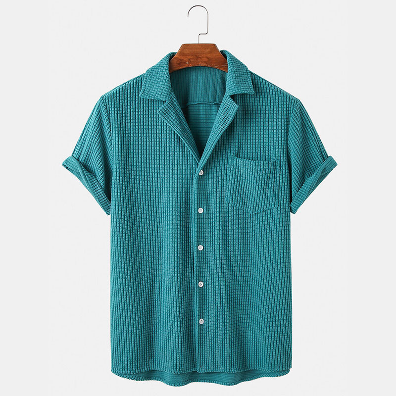 Corduroy Button Up Shirt Men - Pakaian mewah pria, musim panas kemeja