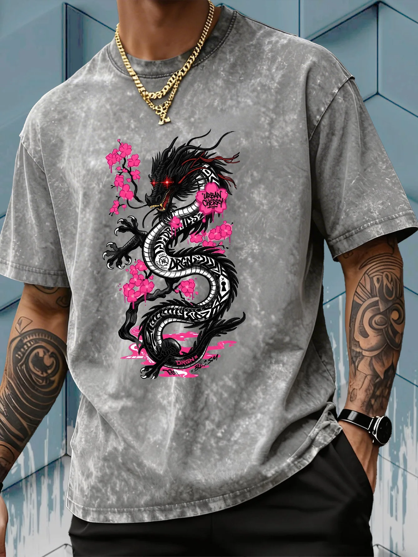 Acid Wash Vintage Graphic T Shirt - Kaos Pria Motif Naga Bunga Sakura