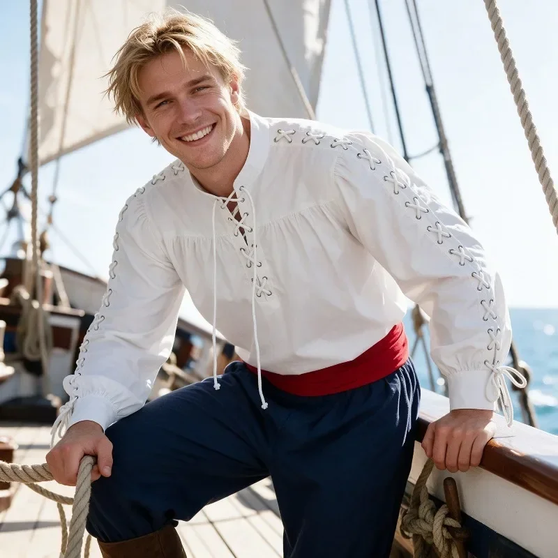 Kemeja Bajak Laut Abad Perteng - Medieval Gothic Lace Up Pirate Shirt ulasan dan harga