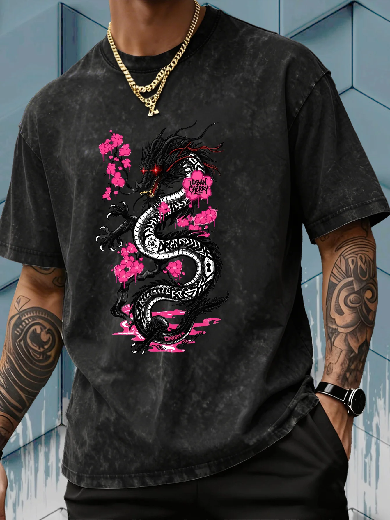 Kaos Pria Motif Naga Bunga Sak - Acid Wash Vintage Graphic T Shirt ulasan dan harga